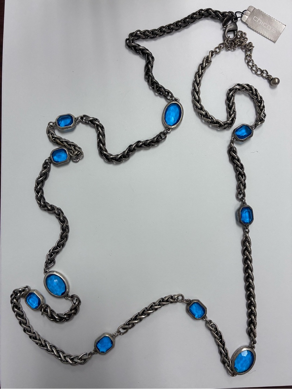 Chico's Lisel Long Silver Chain Aqua Blue Crystal Station Flapper Necklace NWT
